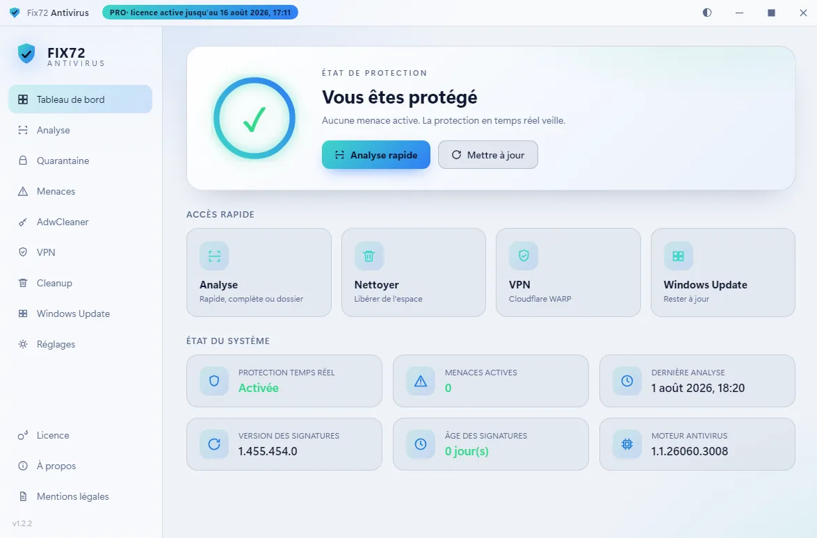 Tableau de bord de Fix72 Antivirus