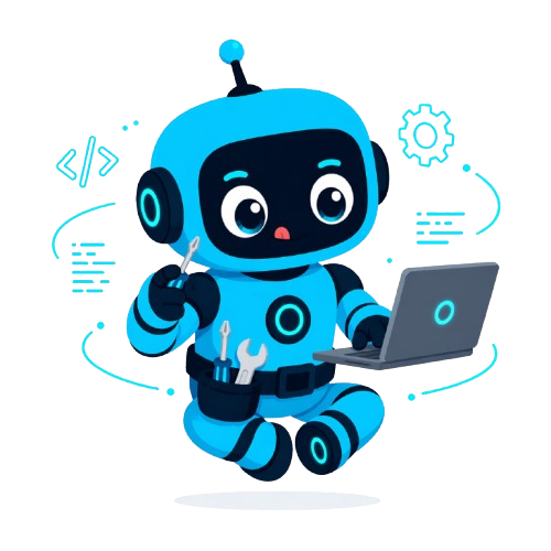 Mascotte Fix72 travaillant sur un PC portable de location